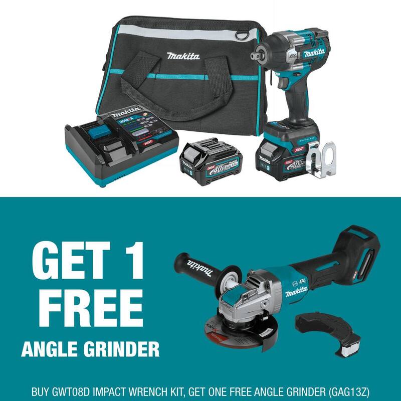 Juego de llave de impacto sin escobillas Makita 40V máx XGT de 4 velocidades y torque medio de 1/2 pulg., con batería de 2.5Ah y un bono de amoladora angular sin escobillas XGT de 5 pulgadas - GWT08D-GAG13Z