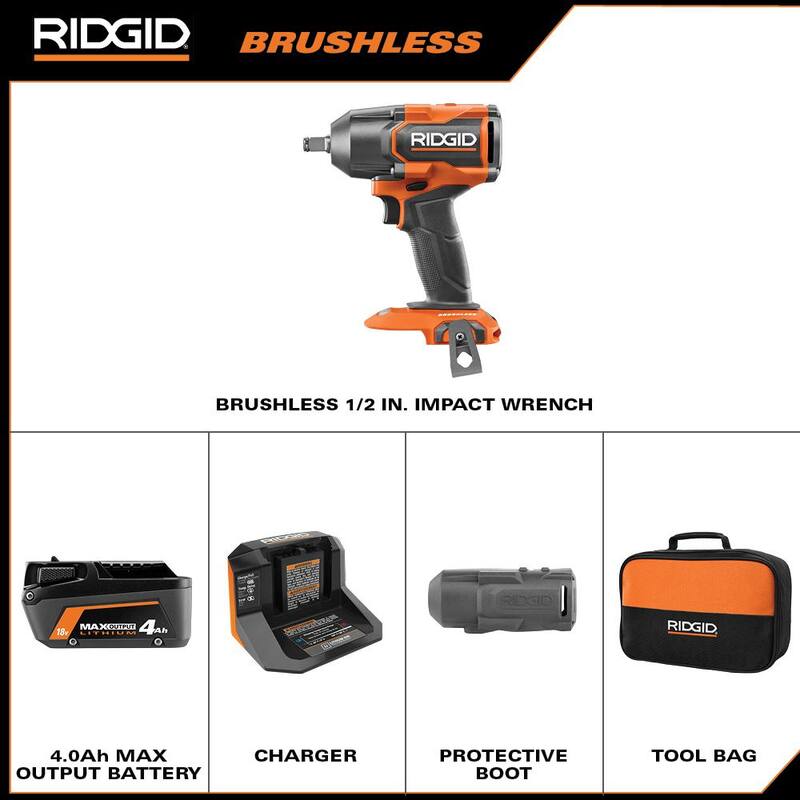 Juego de Llave de Impacto Inalámbrica RIDGID 18V Brushless de 1/2" con (1) Batería de 4.0 Ah y Cargador y Funda Protectora - R86012K-AC13B01N
