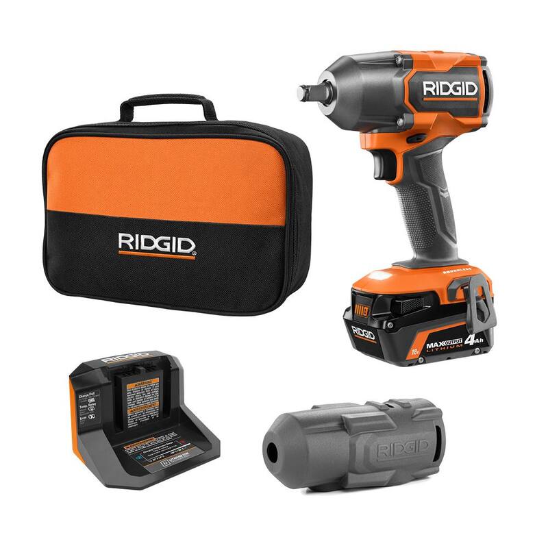 Juego de Llave de Impacto Inalámbrica RIDGID 18V Brushless de 1/2" con (1) Batería de 4.0 Ah y Cargador y Funda Protectora - R86012K-AC13B01N