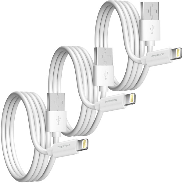 Overtime iOS Compatible Charger Set of 3, 6ft iPhone Charger Cable, USB to Lightning Cable, USB Cord, White - OTDCIP6WHX3