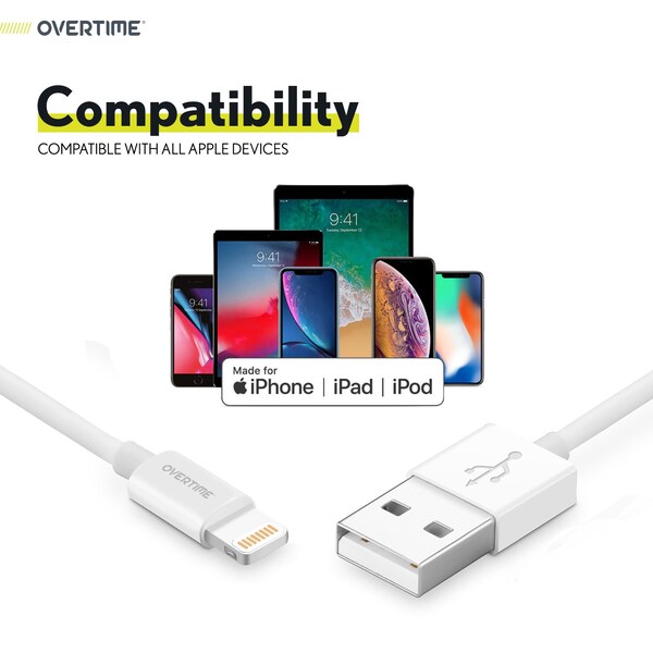 Overtime iOS Compatible Charger Set of 3, 6ft iPhone Charger Cable, USB to Lightning Cable, USB Cord, White - OTDCIP6WHX3