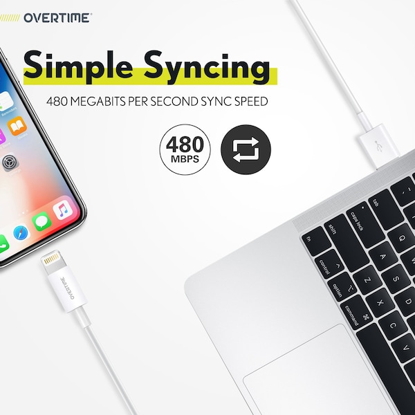 Overtime iOS Compatible Charger Set of 3, 6ft iPhone Charger Cable, USB to Lightning Cable, USB Cord, White - OTDCIP6WHX3