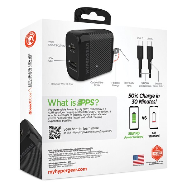 Hypergear SpeedBoost 25-Watt PD Dual-Output USB-C Wall Charger Kit - 15626