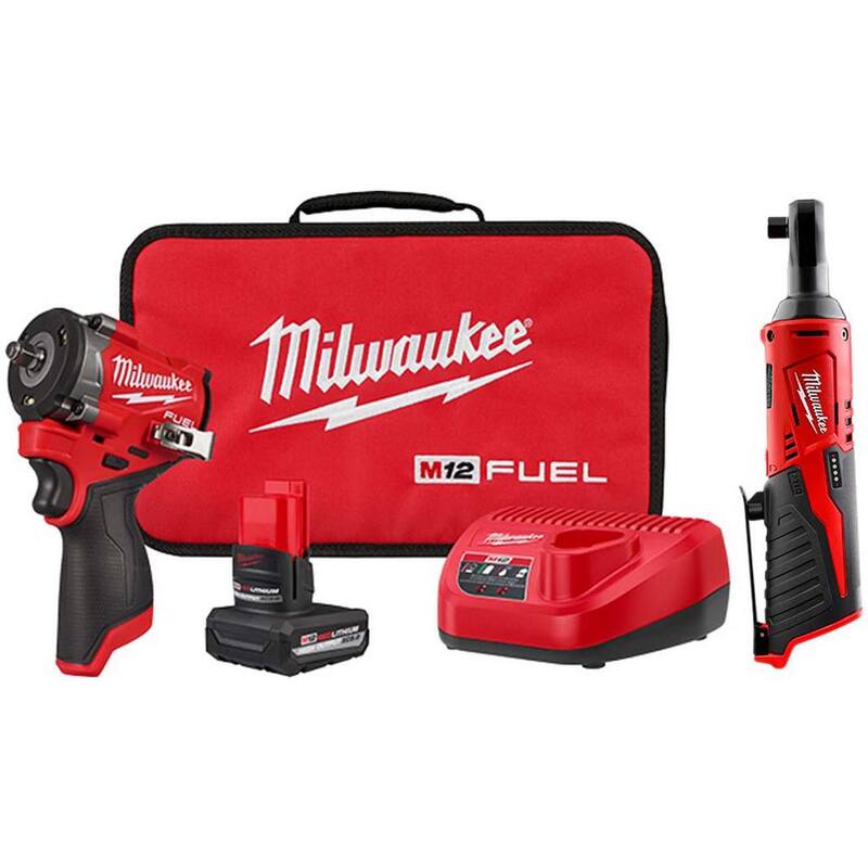 Juego de llave de impacto inalámbrica Milwaukee M12 FUEL 12V de 3/8 pulg con motor sin escobillas de iones de litio, acompañado de llave de trinquete M12 de 3/8 pulg (2 herramientas) - 2562-21-2457-20
