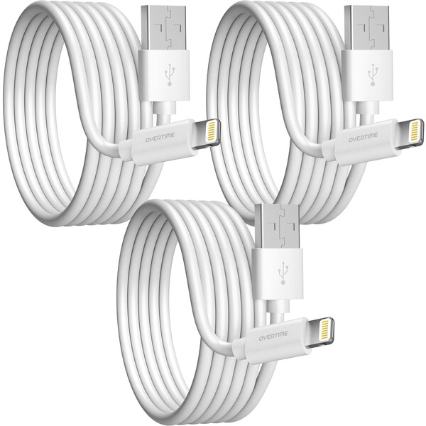 Overtime iOS Compatible Charger Set of 3, 10ft iPhone Charger Cable, USB to Lightning Cable, White - OTDCIP10WHX3