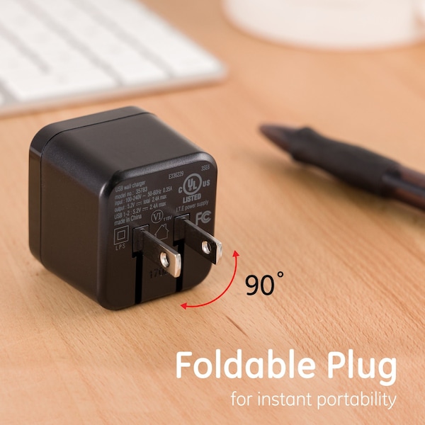 Ge GE AC USB Adapter, 2 Ports, 2.4A, Folding Prongs, Inspiration Line, Brushed Black - 35783