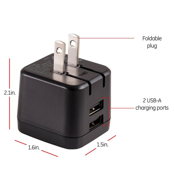 Ge GE AC USB Adapter, 2 Ports, 2.4A, Folding Prongs, Inspiration Line, Brushed Black - 35783