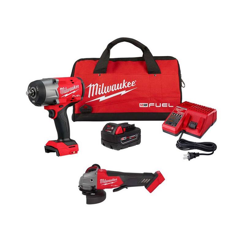 Kit de Llave de Impacto Inalámbrica Milwaukee M18 FUEL 18V de Iones de Litio sin Escobillas de 1/2 pulgadas con Anillo de Fricción y Amoladora sin Escobillas - 2967-21B-2880-20.