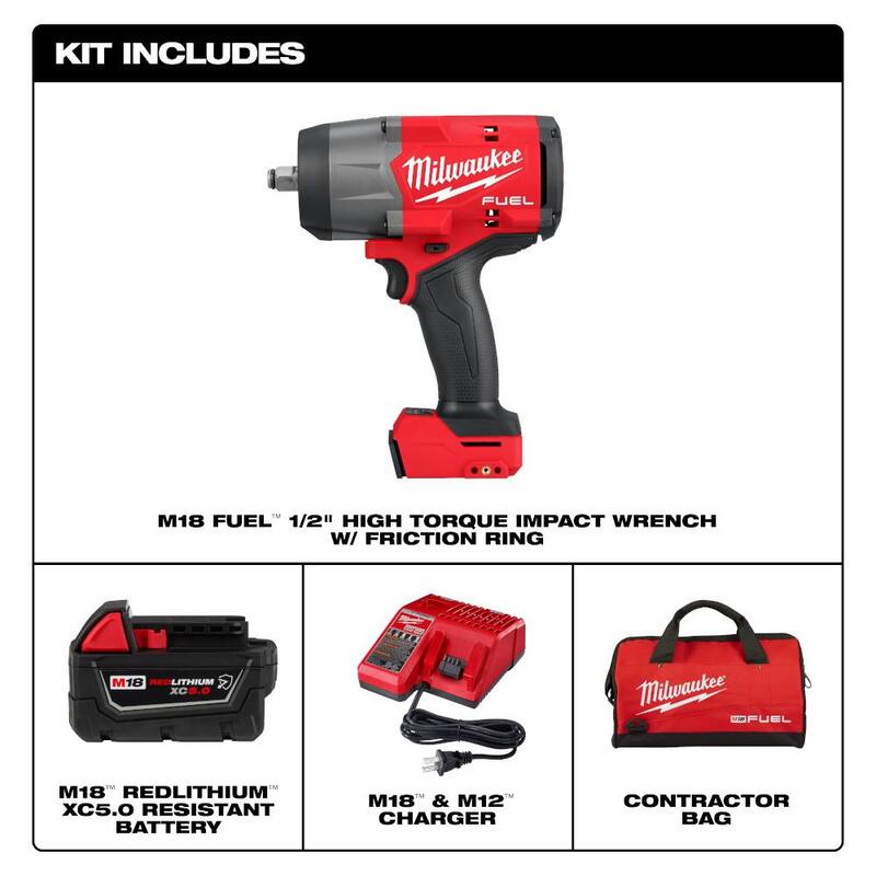 Kit de Llave de Impacto Inalámbrica Milwaukee M18 FUEL 18V de Iones de Litio sin Escobillas de 1/2 pulgadas con Anillo de Fricción y Amoladora sin Escobillas - 2967-21B-2880-20.