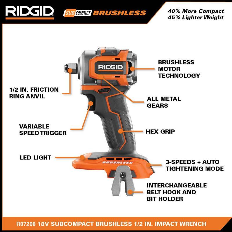 Juego de Llave de Impacto Inalámbrica RIDGID 18V SubCompact Brushless de 1/2 pulgadas con Batería de 2.0 Ah, Cargador de 18V y Bolsa - R87208K