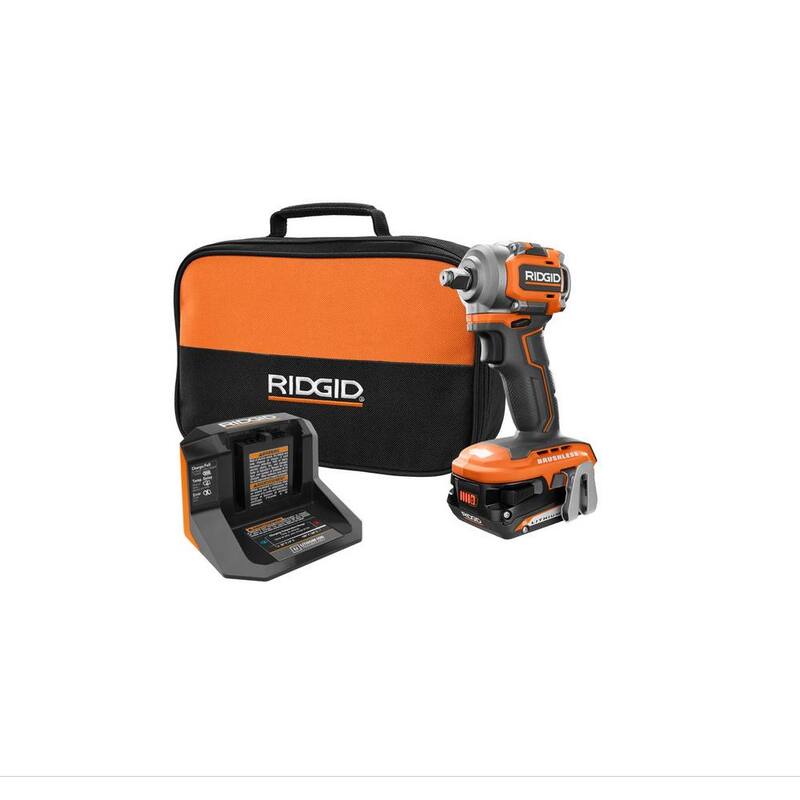 Juego de Llave de Impacto Inalámbrica RIDGID 18V SubCompact Brushless de 1/2 pulgadas con Batería de 2.0 Ah, Cargador de 18V y Bolsa - R87208K