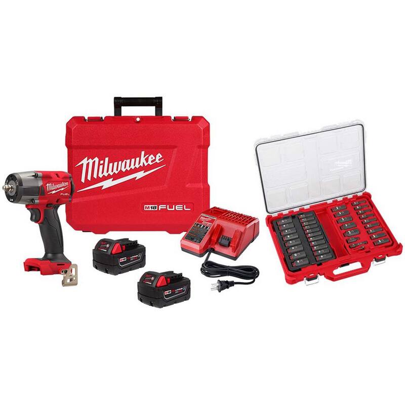Llave de impacto inalámbrica brushless de litio de 18V Milwaukee M18 FUEL de 3/8 de pulgada con torque medio FR Kit con juego de 36 piezas de llaves Metric/SAE PO - 2960-22R-49-66-6805