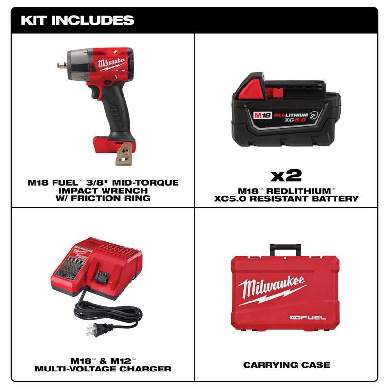 Llave de impacto inalámbrica brushless de litio de 18V Milwaukee M18 FUEL de 3/8 de pulgada con torque medio FR Kit con juego de 36 piezas de llaves Metric/SAE PO - 2960-22R-49-66-6805