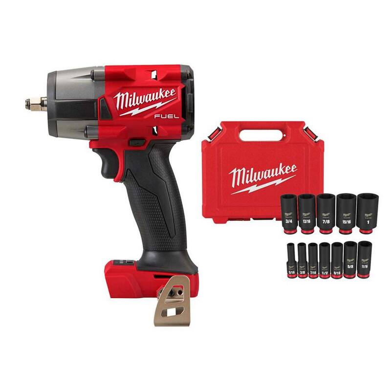 Set de llave de impacto inalámbrica sin escobillas Milwaukee M18 FUEL GEN-2 18V de medio torque de 3/8 pulgadas con juego de 12 piezas de llaves de impacto - 2960-20-49-66-7006