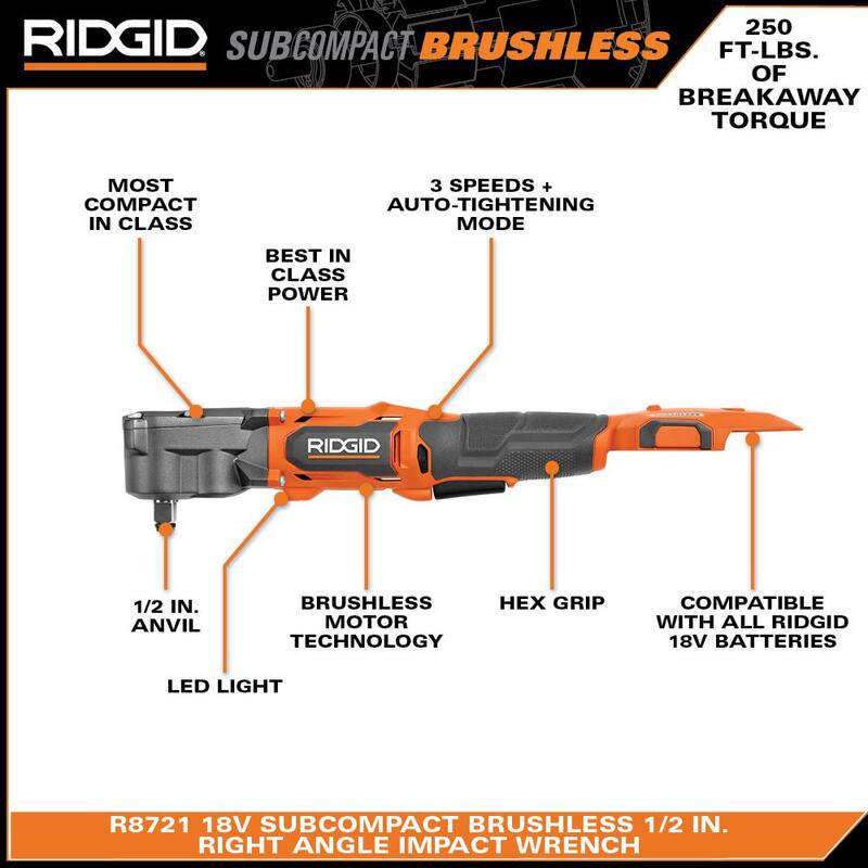 Llave de Impacto Angular Derecho SubCompact 1/2 pulg. Inalámbrica sin escobillas de 18V RIDGID con Protector (Herramienta únicamente) - R8721B-AC13B06