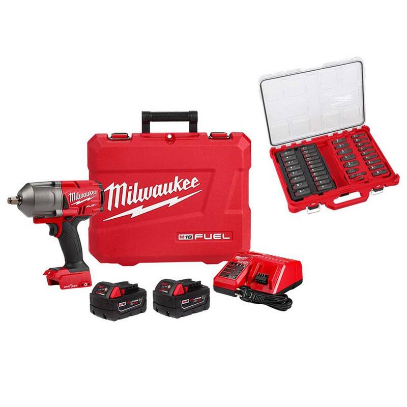 Llave de impacto inalámbrica sin escobillas Milwaukee M18 FUEL ONE-KEY de 18V con anillo de fricción y juego de vasos de impacto - 2863-22R-49-66-6803