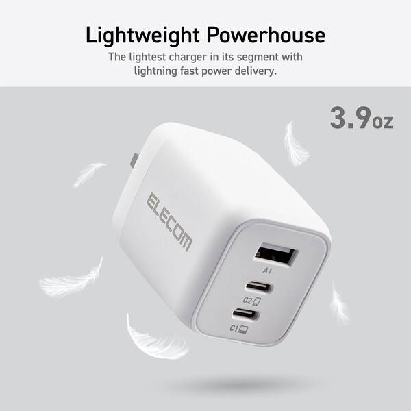 Elecom 65W Smart PD-PPS USB Charger, GaN II Fast Charging, Thermal Protection, TypeC x 2, Type A x 1 - EC-AC4465WH