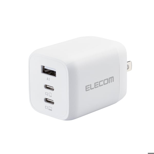 Elecom 65W Smart PD-PPS USB Charger, GaN II Fast Charging, Thermal Protection, TypeC x 2, Type A x 1 - EC-AC4465WH