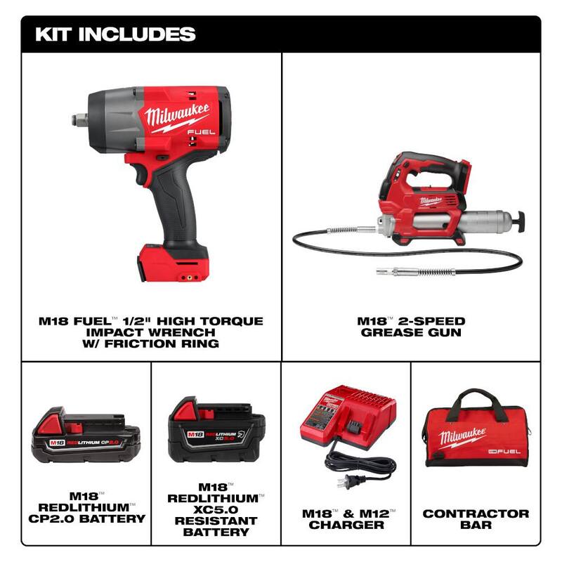 Milwaukee M18 FUEL 18V Lithium-Ion Brushless Cordless High Torque 1/2 in. Impact Wrench & Grease Gun Combo Kit W/Protective Boot - 2967-22GG-49-16-2967

Kit combo de pistola de impacto y pistola de grasa inalámbricas de alto torque de 1/2 pulgadas con tecnología Milwaukee M18 FUEL 18V de ion de litio sin escobillas, con bota de protección.