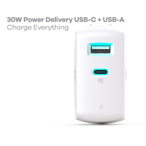 360 Electrical Vivid USB-C Wall Charger w/ 30W 1-Port USB-C and 12W 1-Port USB-A White - 360710-5CA8EF-C1