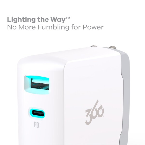 360 Electrical Vivid USB-C Wall Charger w/ 30W 1-Port USB-C and 12W 1-Port USB-A White - 360710-5CA8EF-C1