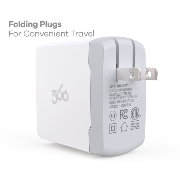 360 Electrical Vivid USB-C Wall Charger w/ 30W 1-Port USB-C and 12W 1-Port USB-A White - 360710-5CA8EF-C1