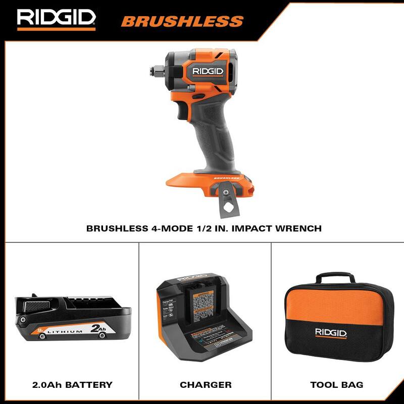Juego de Llave de Impacto sin escobillas inalámbrico RIDGID 18V Subcompact de 1/2 pulgadas con batería de 2.0 Ah, cargador y estuche - R872081K