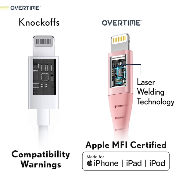 Overtime iOS Compatible Lightning Charger Set of 3, 6ft iPhone Charger Cable, USB to Lightning Cable, White - OTDCIP6BRGX3