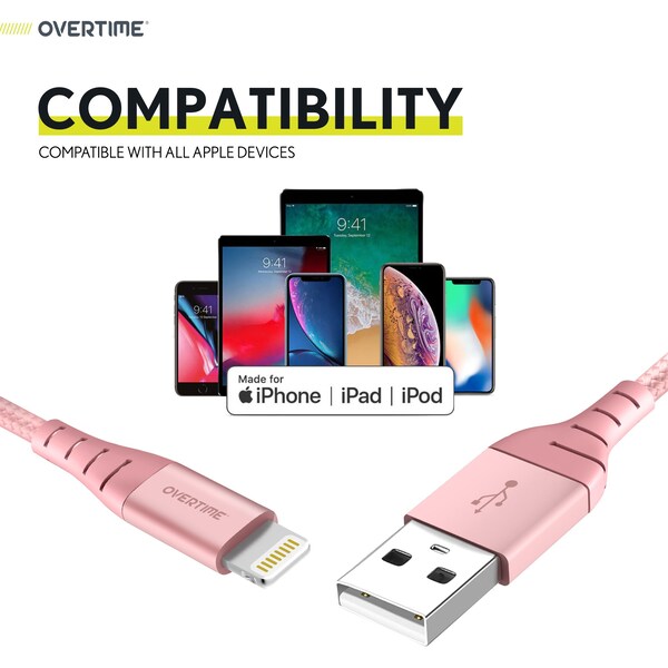 Overtime iOS Compatible Lightning Charger Set of 3, 6ft iPhone Charger Cable, USB to Lightning Cable, White - OTDCIP6BRGX3