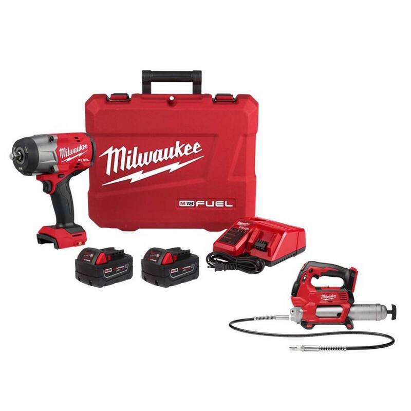 Milwaukee M18 FUEL Llave de impacto inalámbrica de alto torque con anillo de fricción y kit de pistola de grasa de 1/2 pulg. de ion de litio de 18 V sin escobillas - 2967-22-2646-20