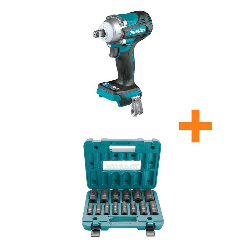 Llave de impacto inalámbrica sin escobillas Makita 18V LXT de 1/2 pulgadas con anillo de fricción en la mordaza, herramienta solamente con juego de enchufes de impacto de 1/2 pulgadas - XWT14Z-A-96372