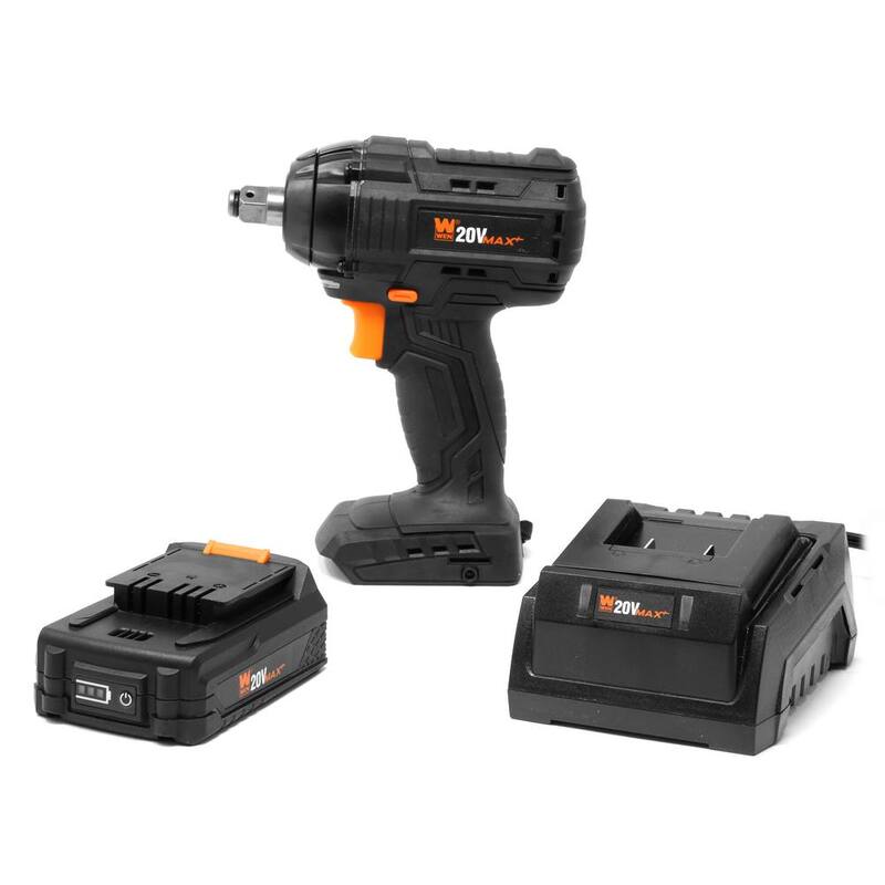 Llave de impacto inalámbrica sin escobillas WEN de 20 voltios Max con batería de iones de litio de 2.0 Ah y cargador - 20107