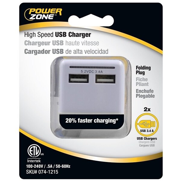 Powerzone AC Compact USB Charger with Light, 3.4 A, 2-USB Port, White - ORUSB340