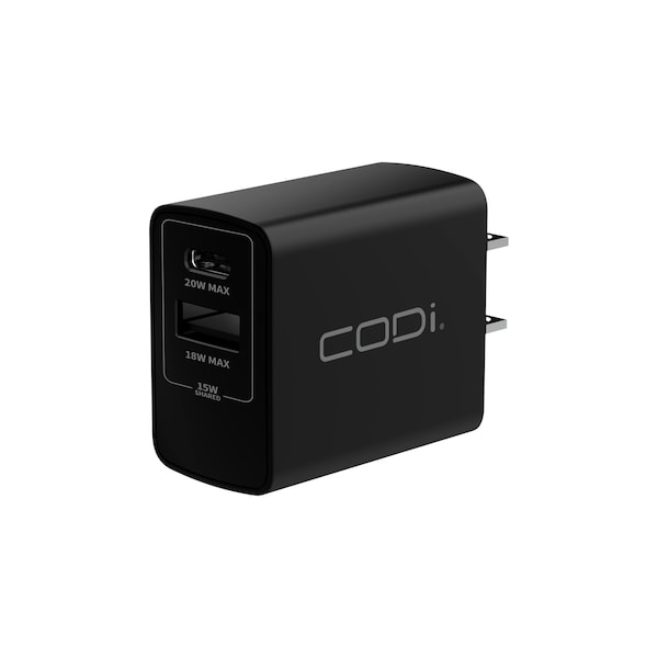 Codi CODi Dual Port 20W Wall Charger/AC Adapter (USB-C, USB-A Outputs) - 20W -USB Type-C - USB Type-A - A01102