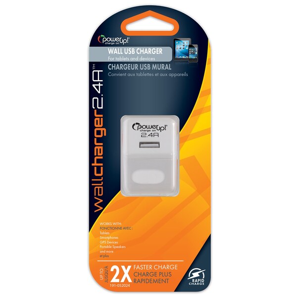 Power Up! USB Charger - AC 2.4a White Carded - 191-052024