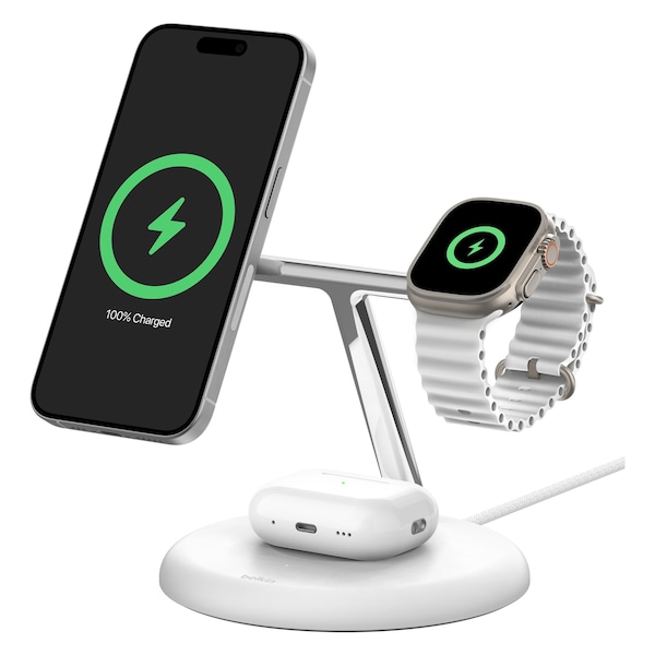 Belkin Boost Charge Pro 3 In 1 Wireless Charging Stand With Qi2, White - WIZ023TTWH