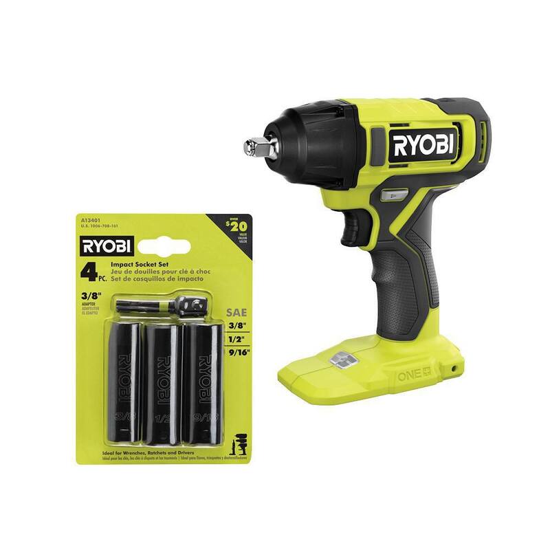 Llave de impacto inalámbrica RYOBI ONE+ 18V de 3/8 pulgadas (Herramienta solamente) con juego de dados de impacto de 3/8 pulgadas SAE (4 piezas) - PCL250B-A13401