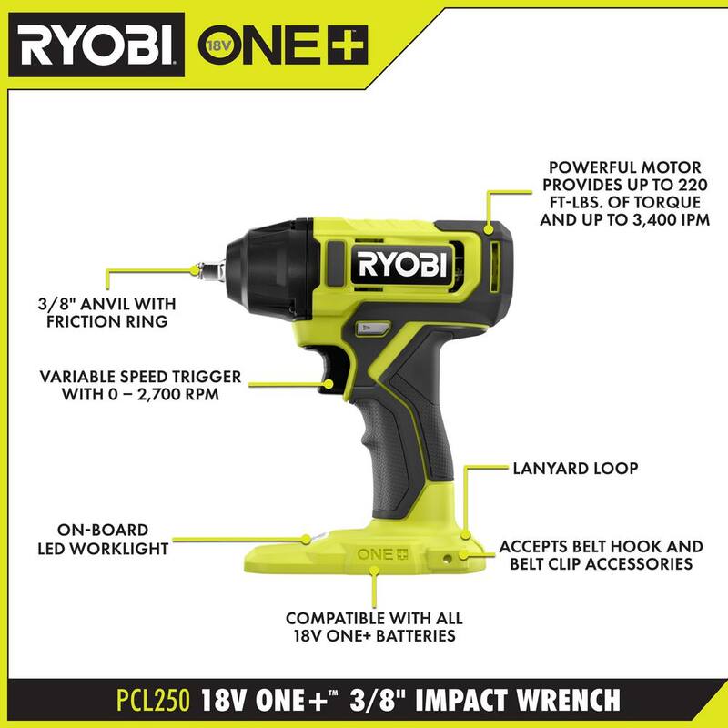 RYOBI ONE+ 18V Llave de Impacto Inalámbrica de 3/8 pulgadas con (1) Batería de 1.5 Ah y Cargador - PCL250K1