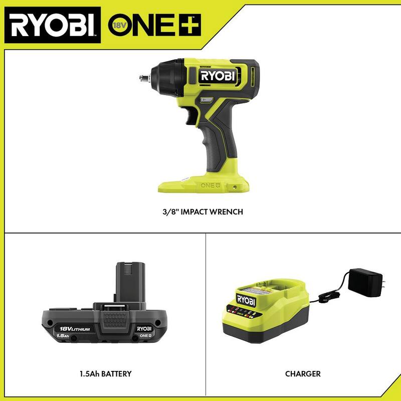 RYOBI ONE+ 18V Llave de Impacto Inalámbrica de 3/8 pulgadas con (1) Batería de 1.5 Ah y Cargador - PCL250K1