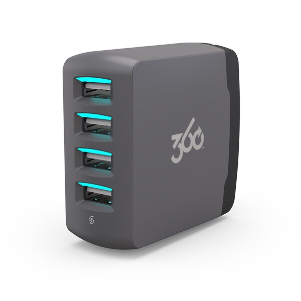 360 Electrical Vivid 8.0 Wall Charger w/ 8.0A 4-Port USB Grey - 360542-5CA8ES