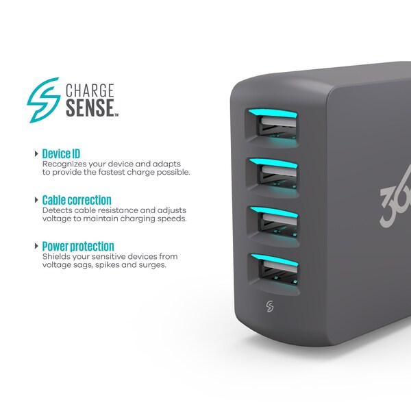 360 Electrical Vivid 8.0 Wall Charger w/ 8.0A 4-Port USB Grey - 360542-5CA8ES