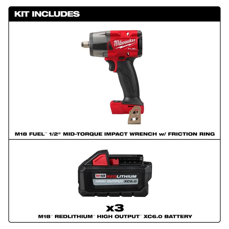 Llave de Impacto Inalámbrica sin Escobillas Milwaukee M18 FUEL 18V Lith-Ion de Medio Torque de 1/2 in. con (3) Paquete de Baterías de Alto Rendimiento de 6.0Ah - 2962-20-48-11-1865-48-11-1862
