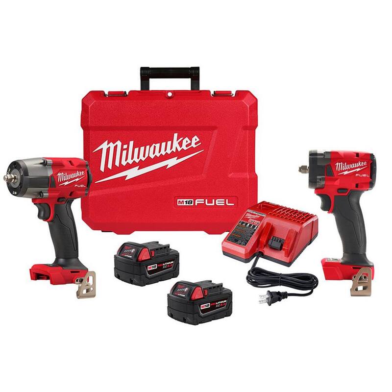 Llave de impacto sin escobillas compacta y con medio torque de 18V Milwaukee M18 FUEL GEN-2 de iones de litio de 3/8 pulgadas con anillo de fricción, kit - 2960-22-2854-20