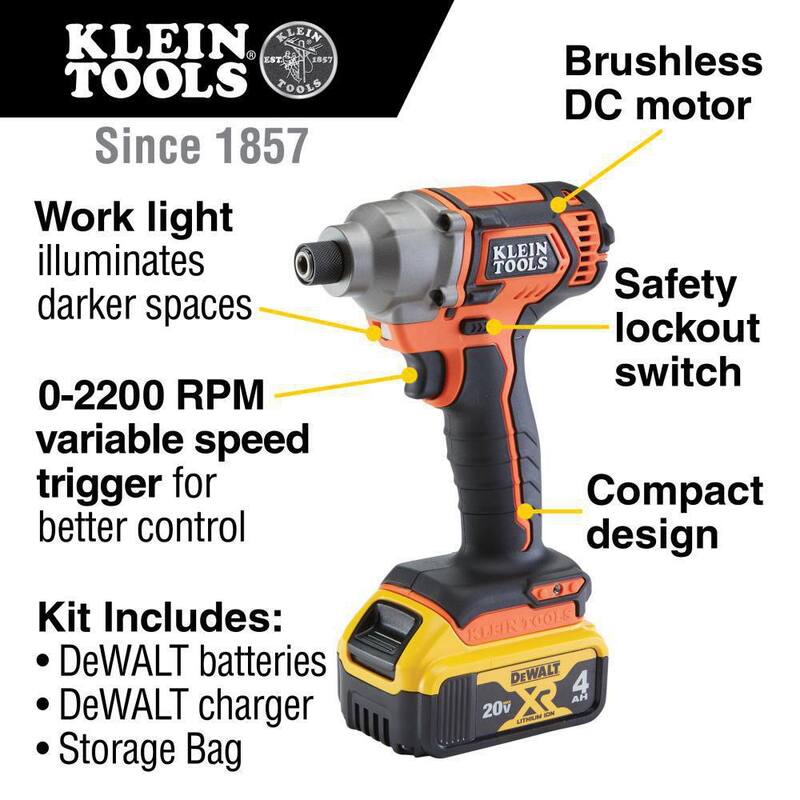 Herramientas Klein 20 V, 1/4 pulgadas de unidad hexagonal, atornillador de impacto compacto operado con batería, inalámbrico, incluye (2) baterías de 4AH, cargador y estuche - BAT20CD1
