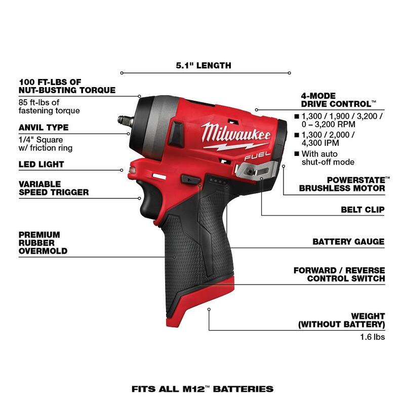Llave de impacto compacta inalámbrica Milwaukee M12 FUEL de 12 voltios con baterías de 3.0 Ah - 2552-20-2550-20-48-11-2412
