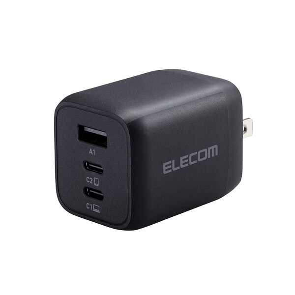 Elecom 65W Smart PD-PPS USB Charger, GaN II Fast Charging, Thermal Protection, TypeC x 2, Type A x 1 - EC-AC4465BK