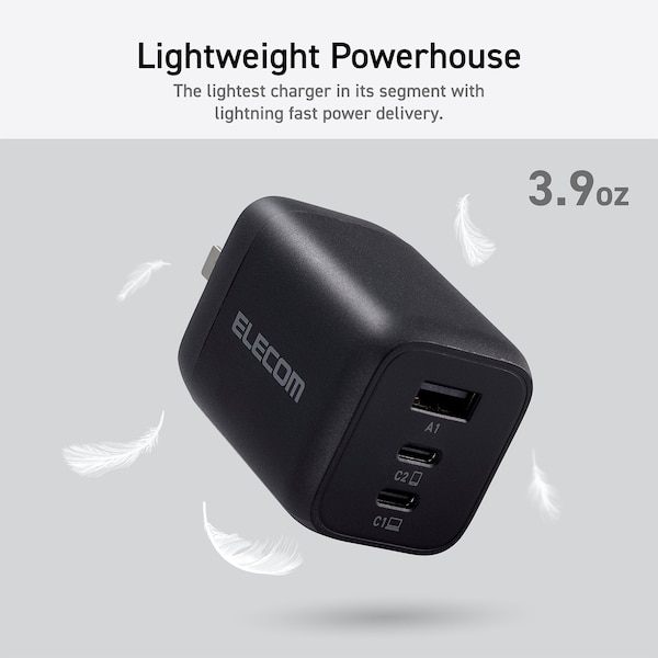 Elecom 65W Smart PD-PPS USB Charger, GaN II Fast Charging, Thermal Protection, TypeC x 2, Type A x 1 - EC-AC4465BK