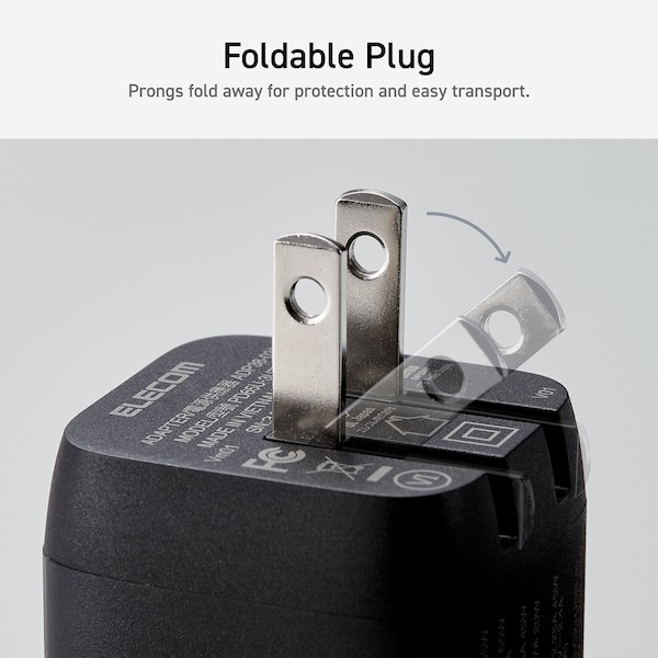 Elecom 65W Smart PD-PPS USB Charger, GaN II Fast Charging, Thermal Protection, TypeC x 2, Type A x 1 - EC-AC4465BK