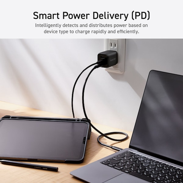 Elecom 65W Smart PD-PPS USB Charger, GaN II Fast Charging, Thermal Protection, TypeC x 2, Type A x 1 - EC-AC4465BK