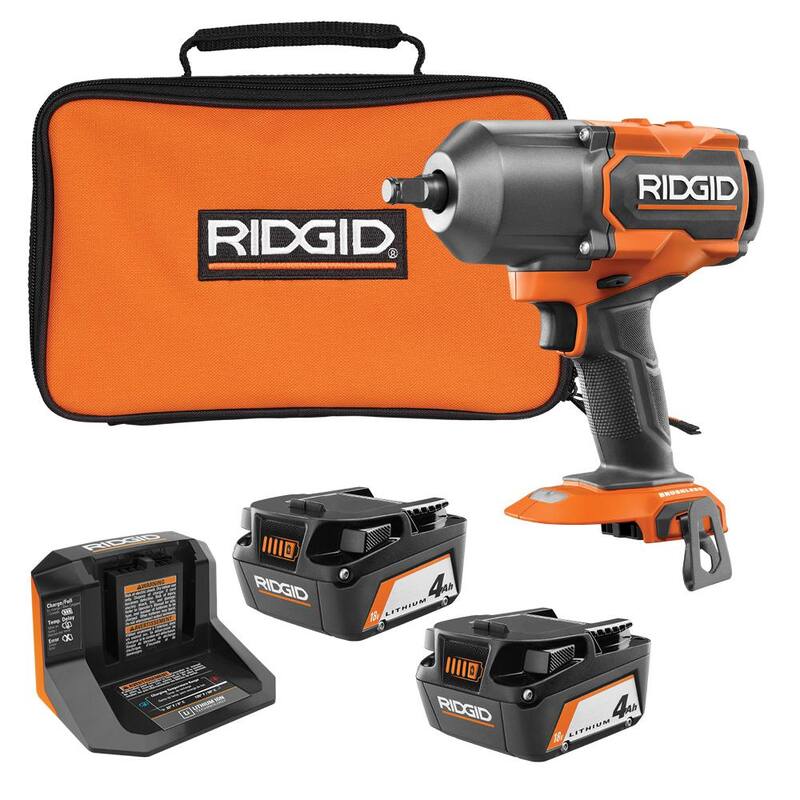 Llave de impacto inalámbrica sin escobillas de 18V RIDGID de 4 modos y 1/2 pulgadas de alto torque con (2) baterías de 4.0 Ah, cargador y estuche - R86212B-AC93044SBN